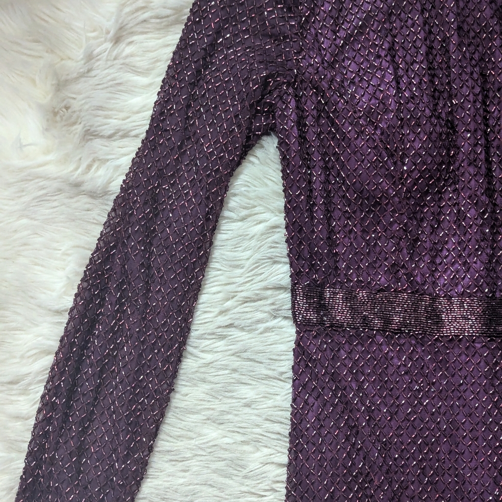 NWT Mac Duggal Long Sleeve Lattice Beaded Cocktail Dress in Aubergine 5530 - Picture 6 of 16